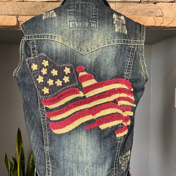 Smoke Rise Americana Denim 3D Flag Vest Cool Distressed Patriotic Blue Red Men S - Picture 2 of 8